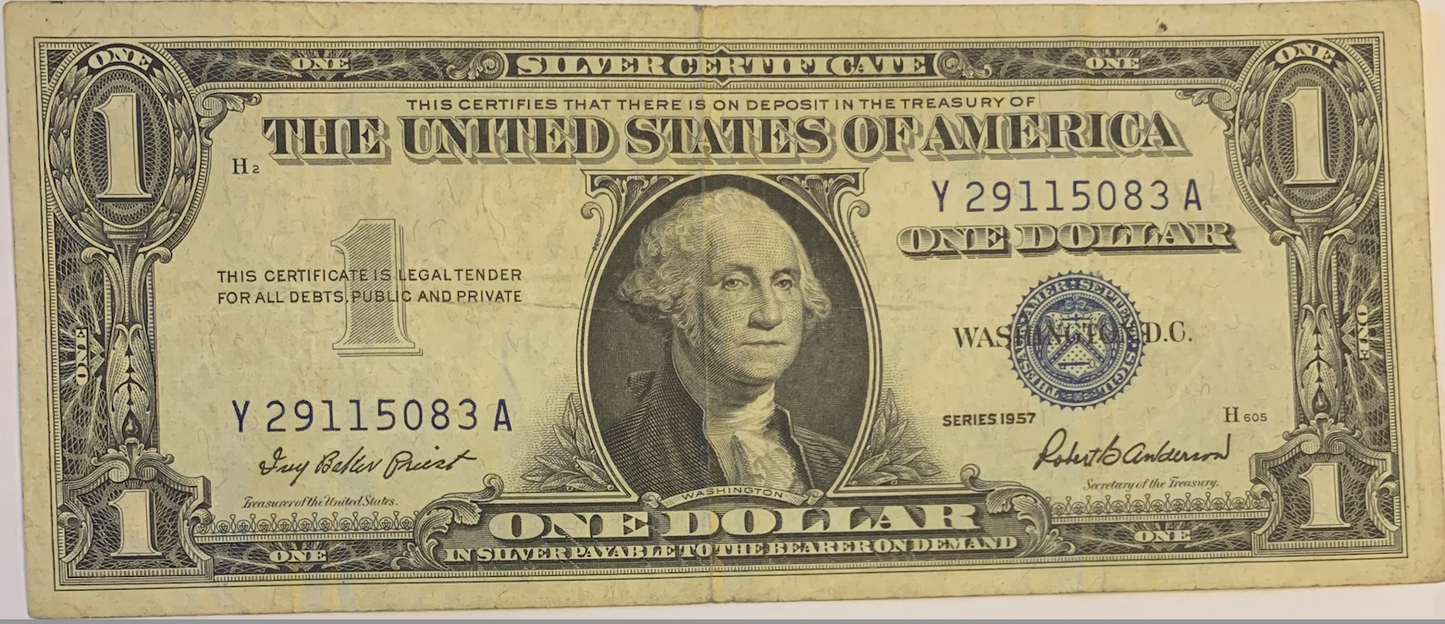 Historical Treasure: Vintage 1957 US 1 Dollar Silver Certificate Banknote"