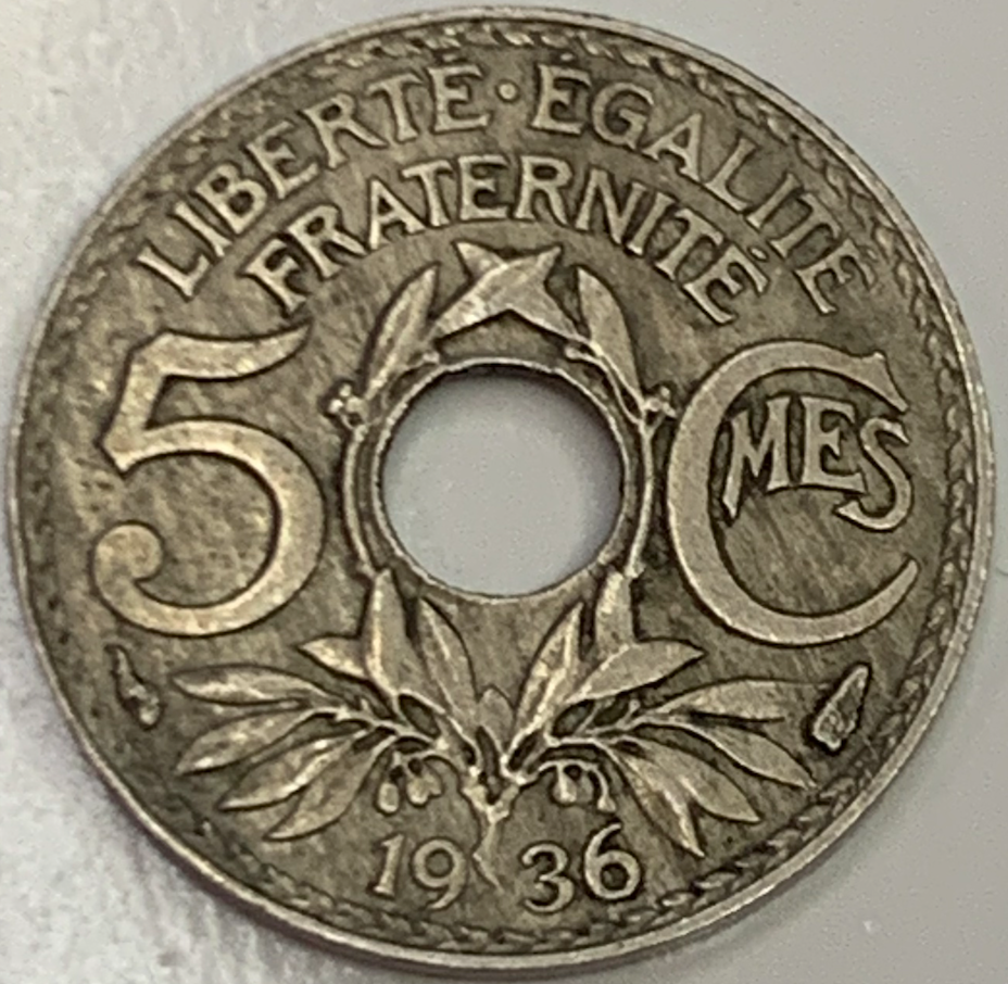 Exclusive 1924 France 5 Centimes Coin with Center Hole & Cornucopia Mintmark - A Parisian Treasure"