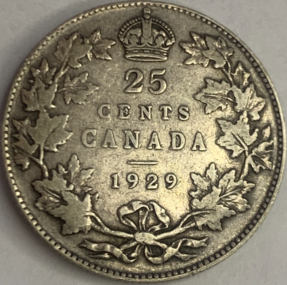 Exquisite 1929 Canadian Silver 25 Cents - King George V Era