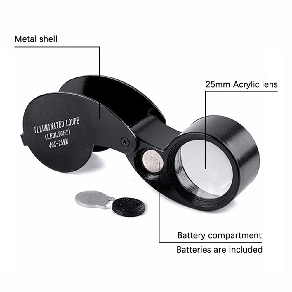 High-Power 40X Folding Magnifier - LED Light for Jewelry and Diamond Identifying"