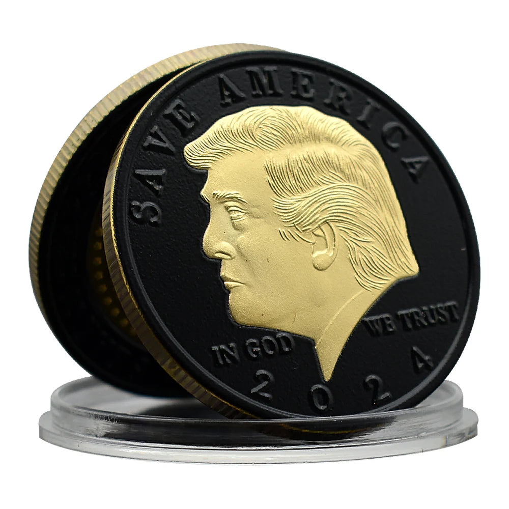 Donald Trump Black Embossed Challenge Coin – Fight for USA, Gold-Plated