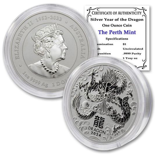 2024 P 1 Oz Silver Australian Lunar Series III Year of the Dragon Coin (In Capsule) Brilliant Uncirculated with Certificate of Authenticity $1 Seller BU