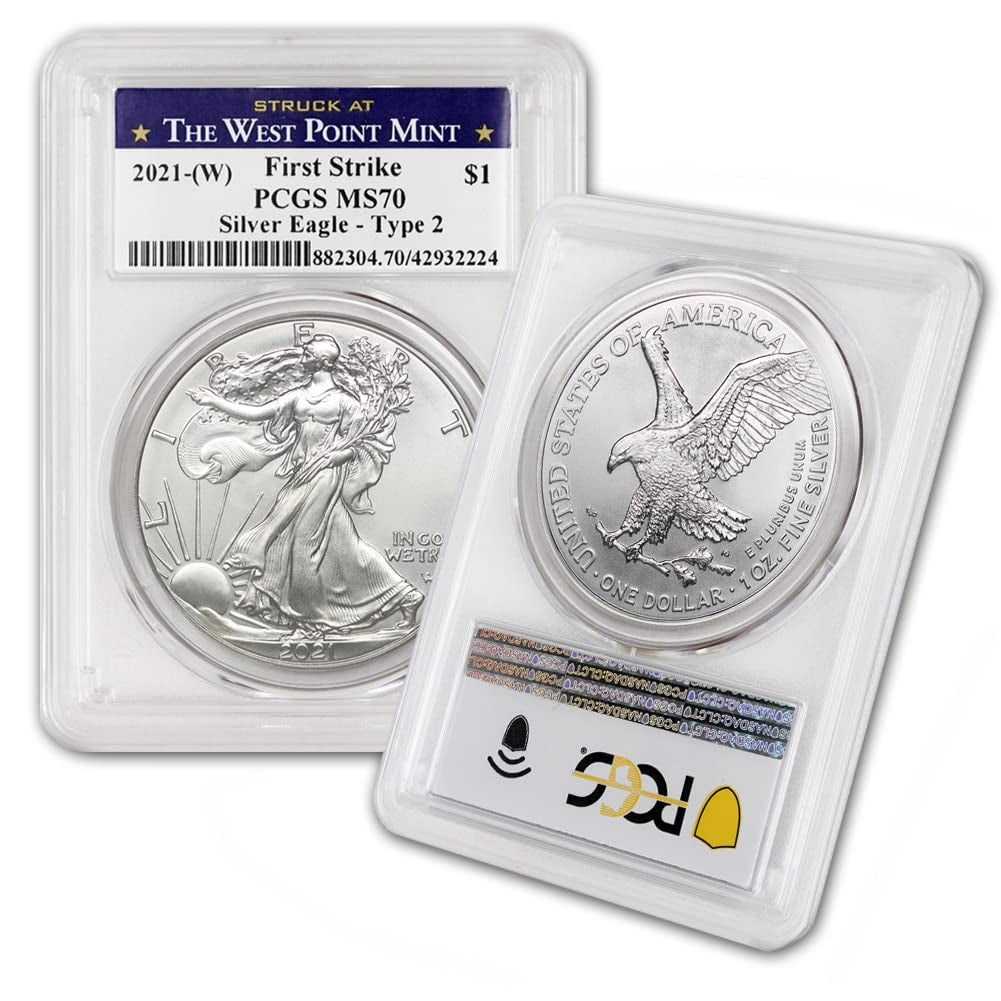 2021 (W) 1 Oz American Silver Eagle Coins MS-70 (Type 2 - First Strike - Struck at the West Point Mint) by Coinfolio $1 MS70 PCGS