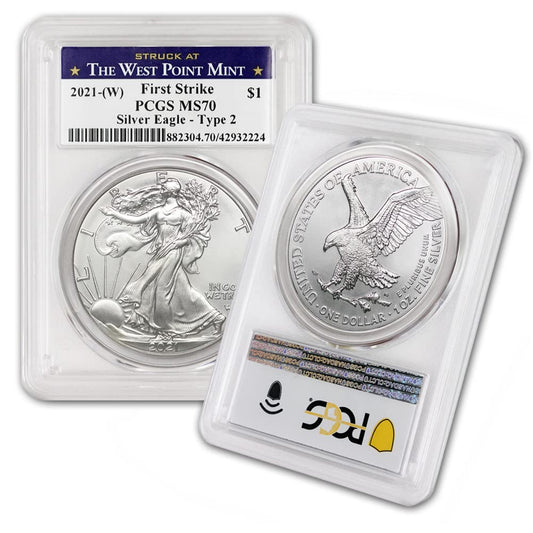 2021 (W) 1 Oz American Silver Eagle Coins MS-70 (Type 2 - First Strike - Struck at the West Point Mint) by Coinfolio $1 MS70 PCGS