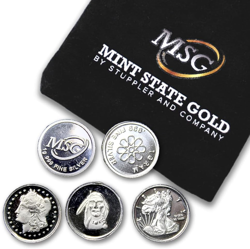 Twenty-Five (25) One Gram .999 Pure Silver Rounds with Random Designs in a Jewelry Pouch by Mint State Gold