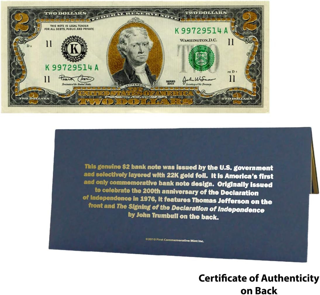 22K Gold Layered Uncirculated Two Dollar Bill - Special Edition Collectible Currency