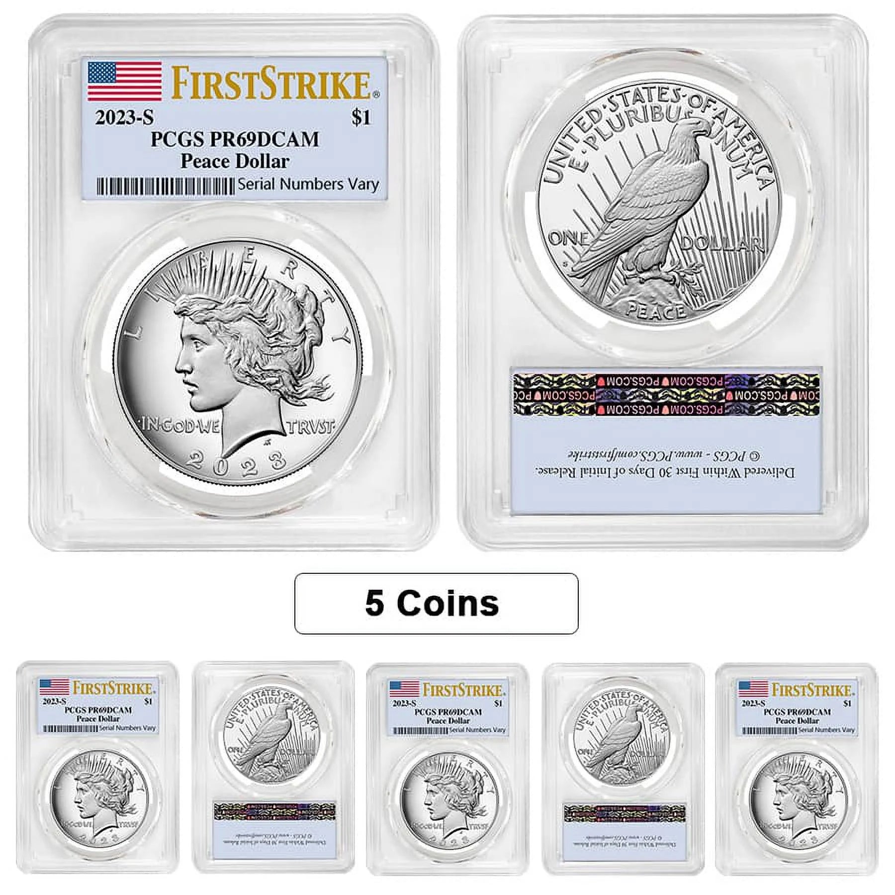 Lot of 5 - 2023-S Peace Silver Dollar Proof Coin PCGS PF 69 FS