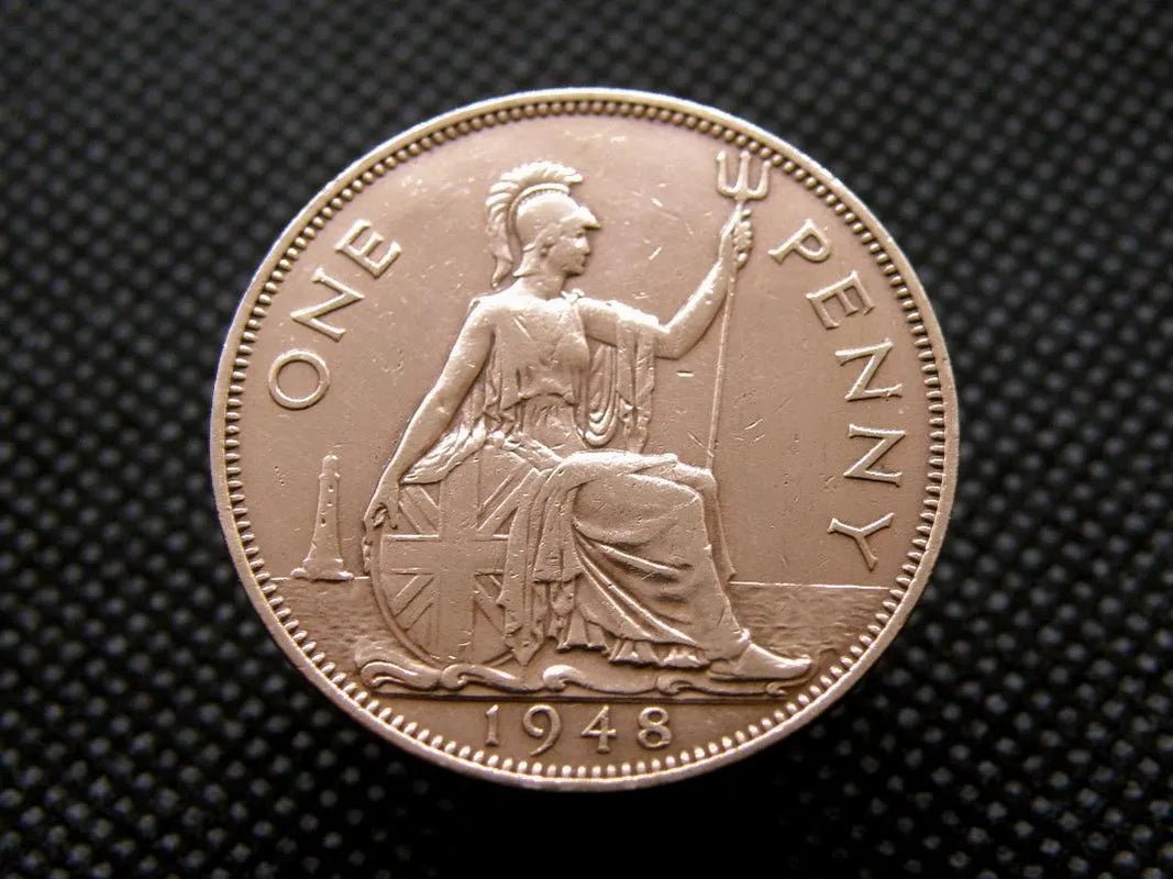 1948 British PENNY COIN - King George VI - Bronze - 1D Coin. Original Coin - Polished - Britannia - 76Th Birthday Gift (OS01)