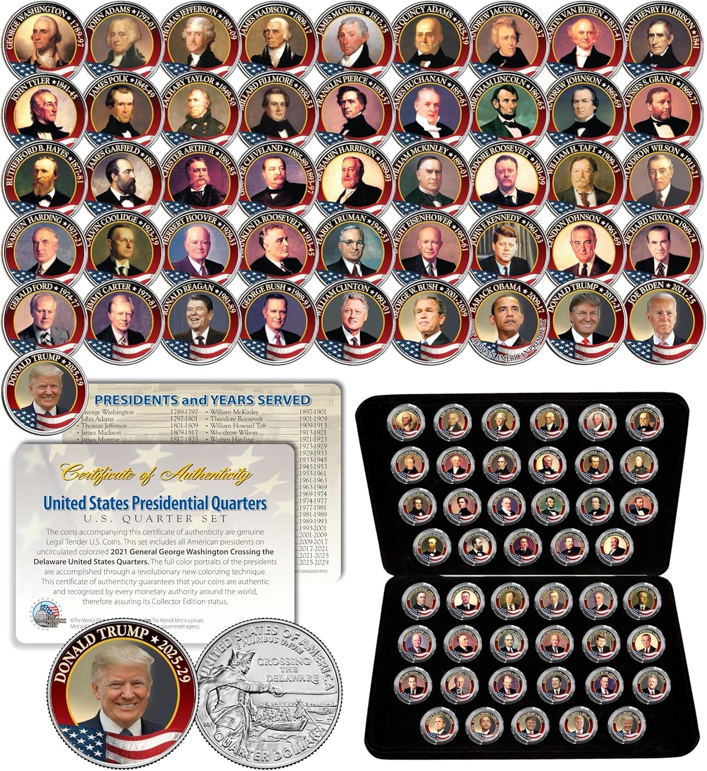 ALL 47 United States PRESIDENTS Full Coin Set Colorized Washington Quarters W/Box & COA