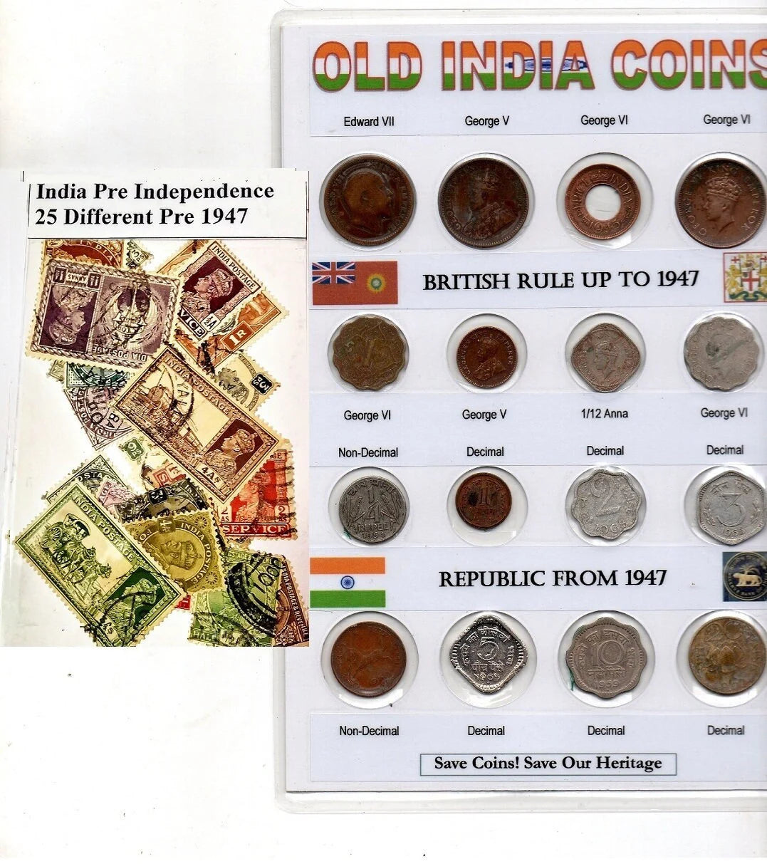 1901-70 British India 16 PCS Different Old Antique Original KG V V1 Gandhi Rare Coins Set Lot