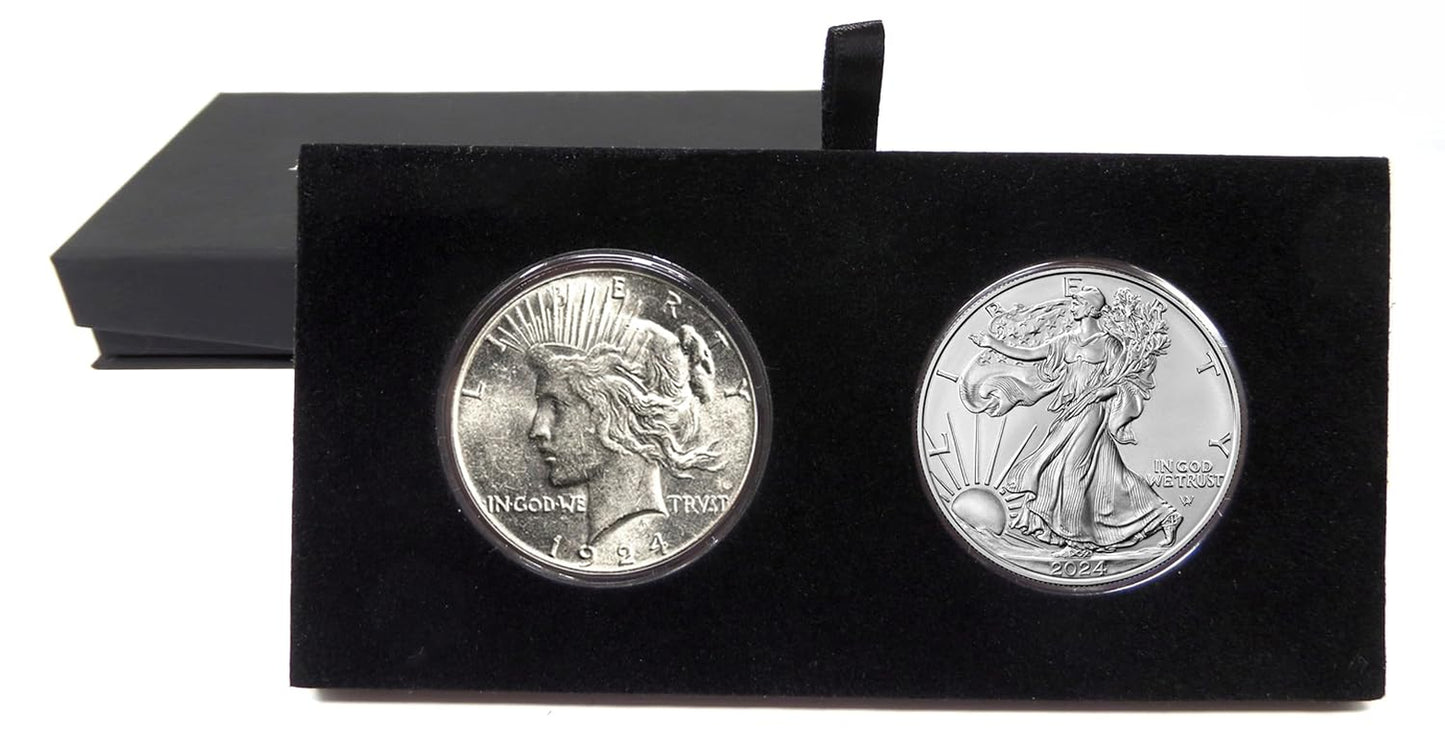 1924 - Peace and 2024 Silver Eagle - 100 Year Silver Dollar Set in Deluxe Holders Dollar Seller Circulated, Uncirculated