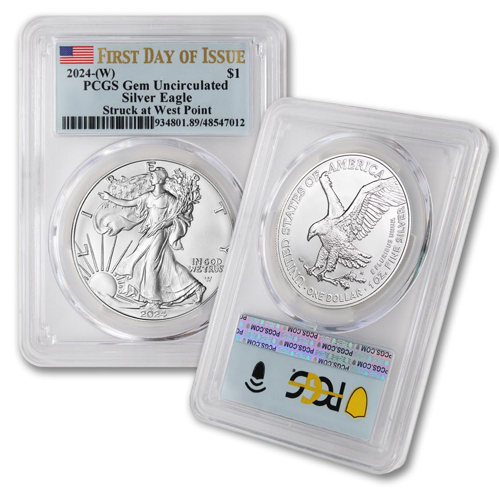 2024 - (W) 1 Oz American Silver Eagle Coin Gem Uncirculated (First Day of Issue - Flag Label - Struck at West Point) $1 PCGS GEMUNC