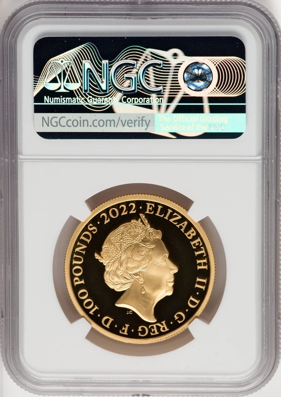 Elizabeth II Gold Proof George I 100 Pounds (1 Oz) 2022 PR70 Ultra Cameo NGC. One of First 100 Struck. World Coins NGC MS70