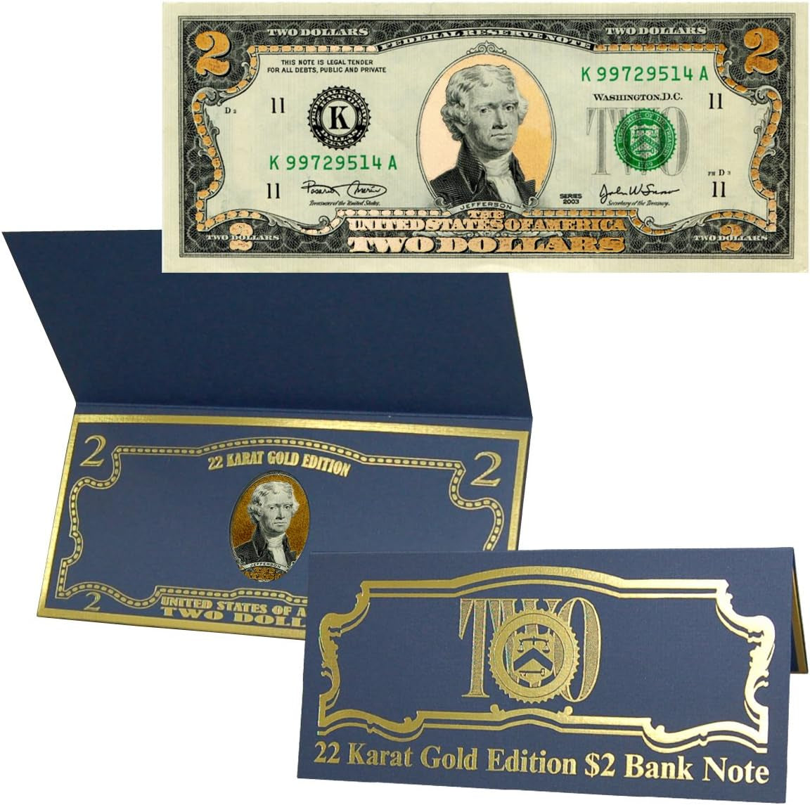 22K Gold Layered Uncirculated Two Dollar Bill - Special Edition Collectible Currency