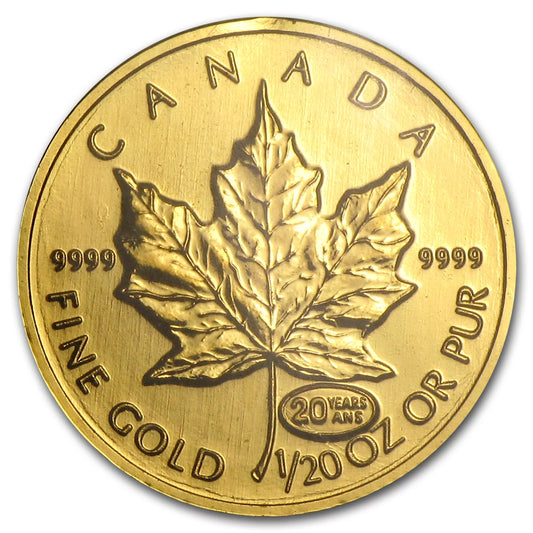 1999 Canada 1/20 Oz Gold Maple Leaf BU (20 Years ANS Privy)