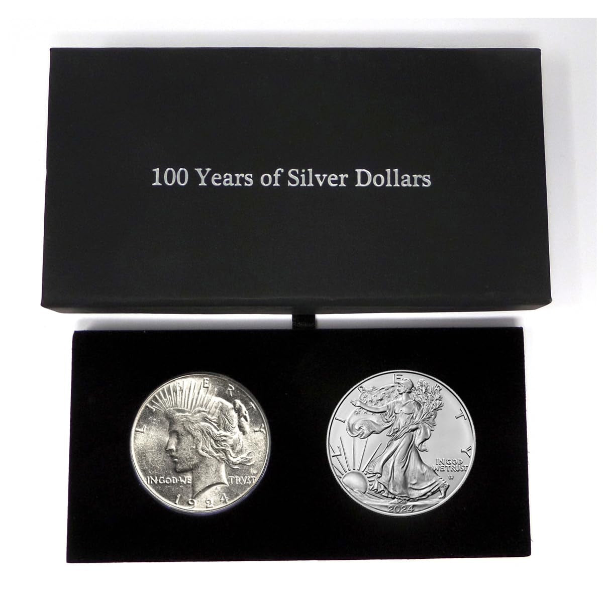 1924 - Peace and 2024 Silver Eagle - 100 Year Silver Dollar Set in Deluxe Holders Dollar Seller Circulated, Uncirculated