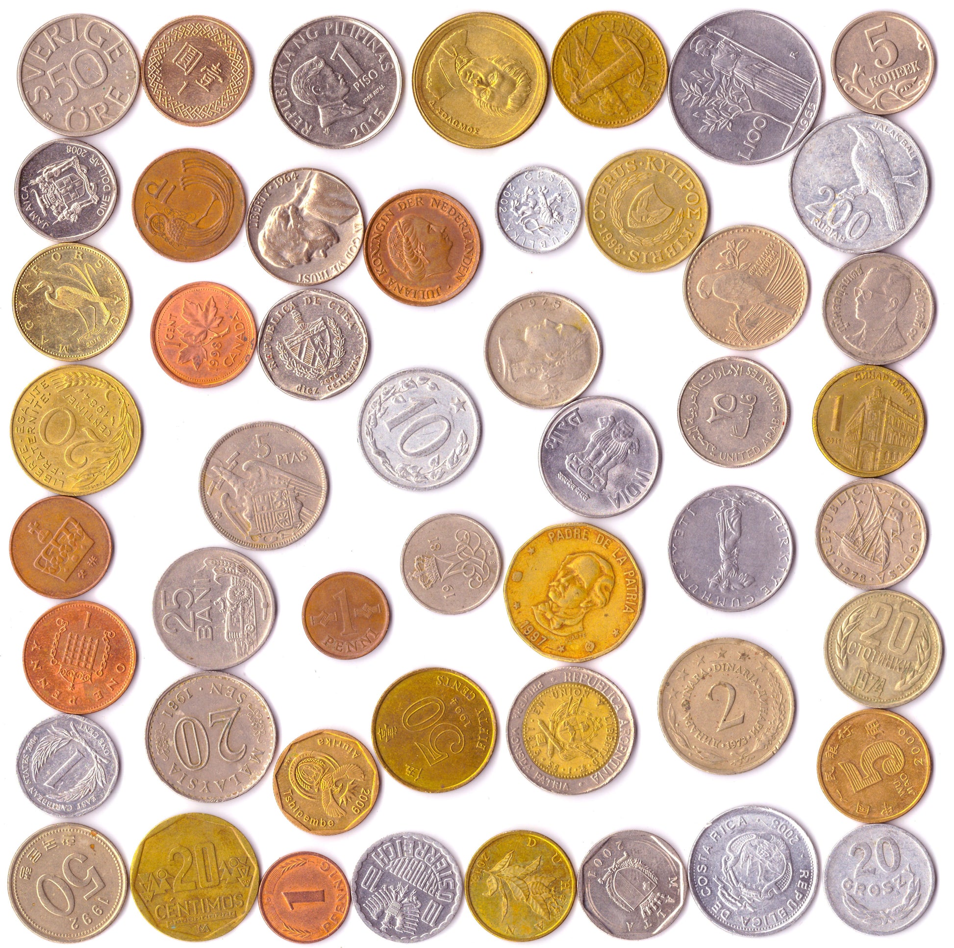 50 Old Coins from 50 Different Countries around the World + Velour Coin Sack!