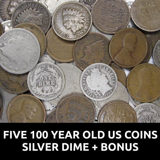 Five 100 Year Old US Coins - Obsolete Coin Collection - Silver Dime + Bonus