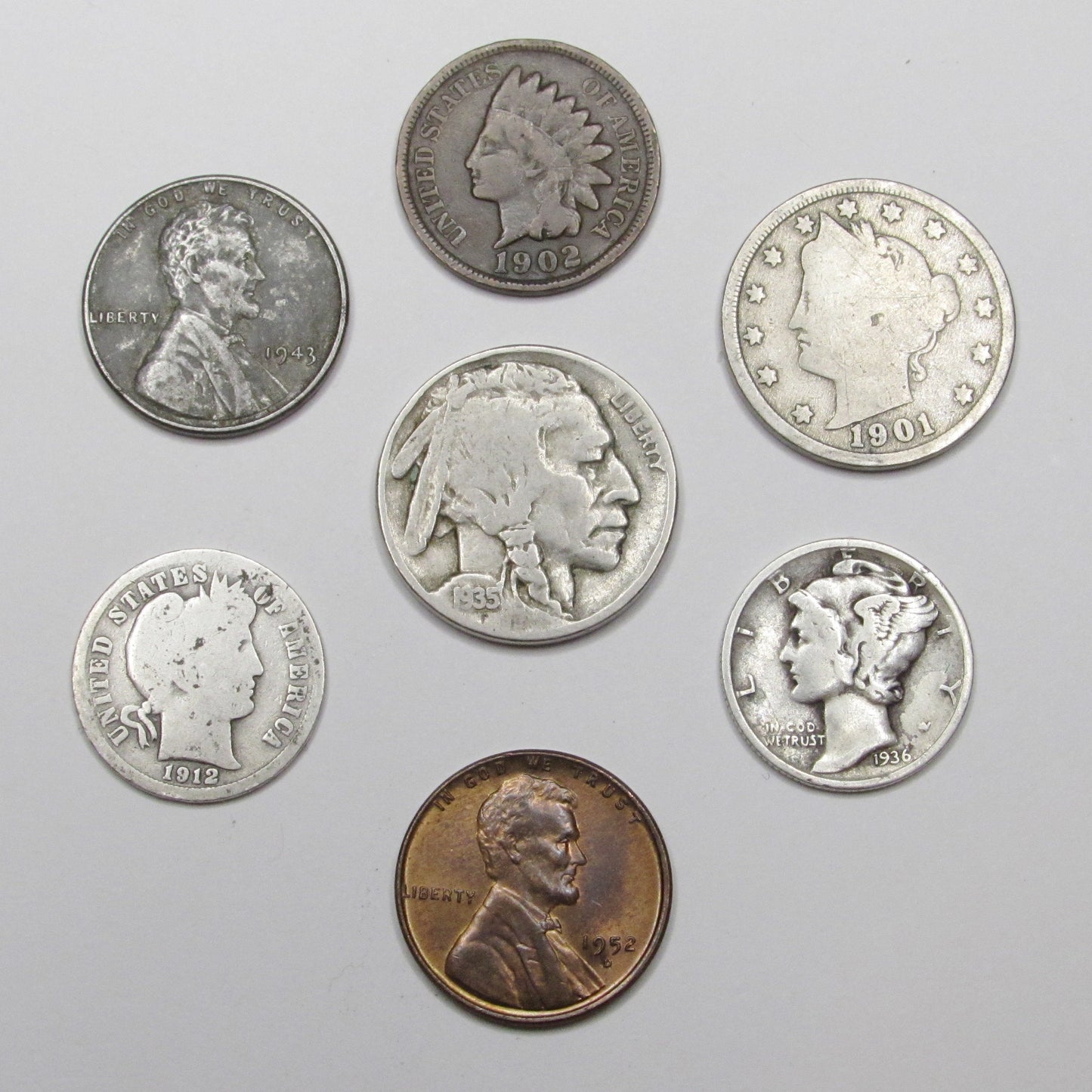 7 Classic Old US Coins Collection - Early 20Th Century Coins W/ Silver Dimes, Old Nickels, Pennies