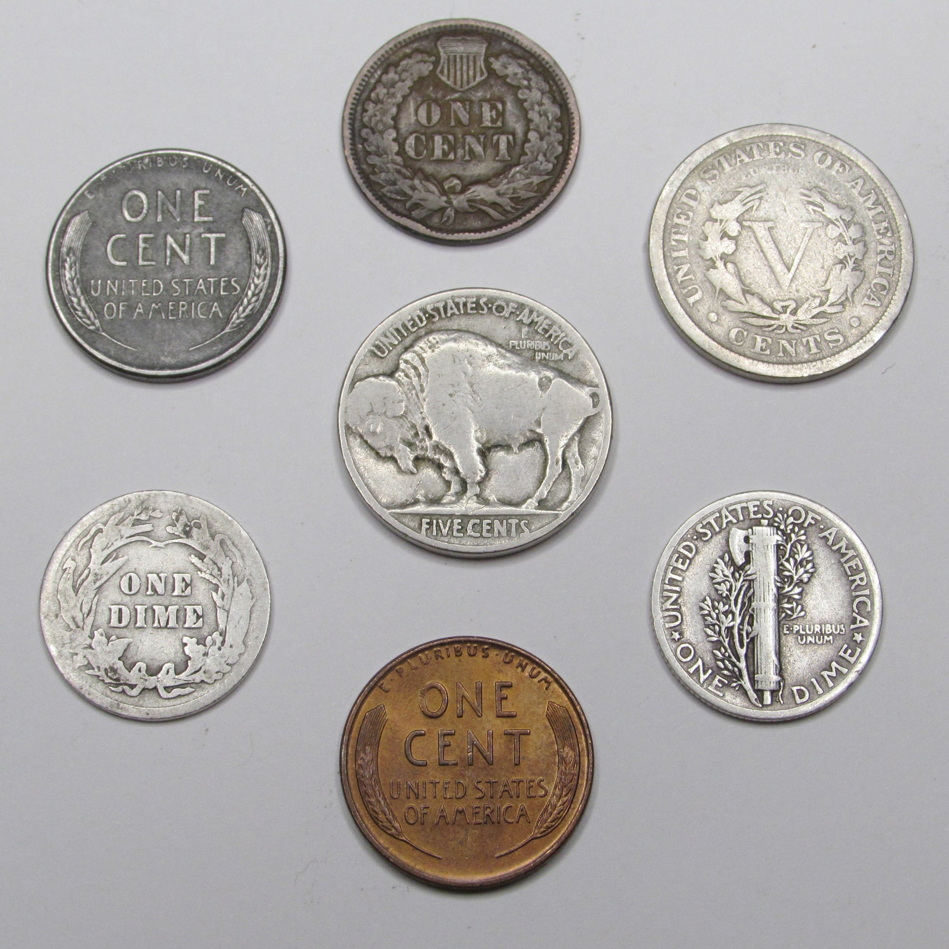 7 Classic Old US Coins Collection - Early 20Th Century Coins W/ Silver Dimes, Old Nickels, Pennies