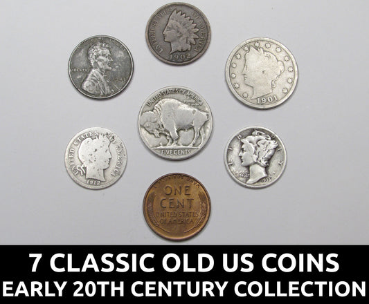 7 Classic Old US Coins Collection - Early 20Th Century Coins W/ Silver Dimes, Old Nickels, Pennies