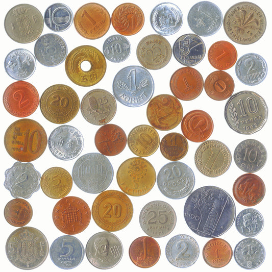 50 Old Coins from 50 Different Countries around the World + Velour Coin Sack!