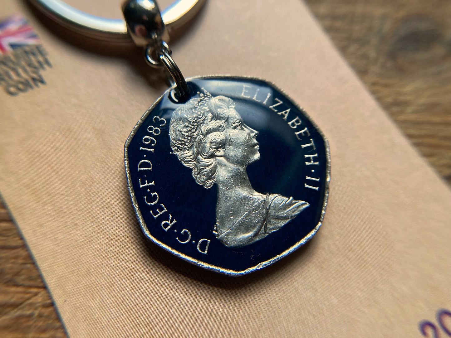 Queen Elizabeth II Coin Keyring / 1981 1982 1983 / Old 50P Keyring / Britain / Painted British Coin Keyring