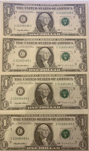 4 Consecutive Uncirculated 1995 1 Dollar Bills!