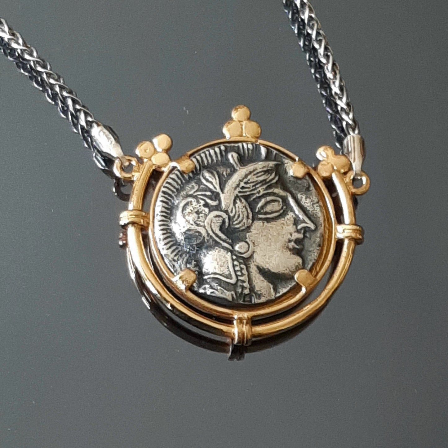 Awesome Goddess Athena Coin Pendant, an Old Greek Coin for Pendant in a Vermeil Base, a Museum Copy, Two Face Athenian Tetradrachm Necklace.