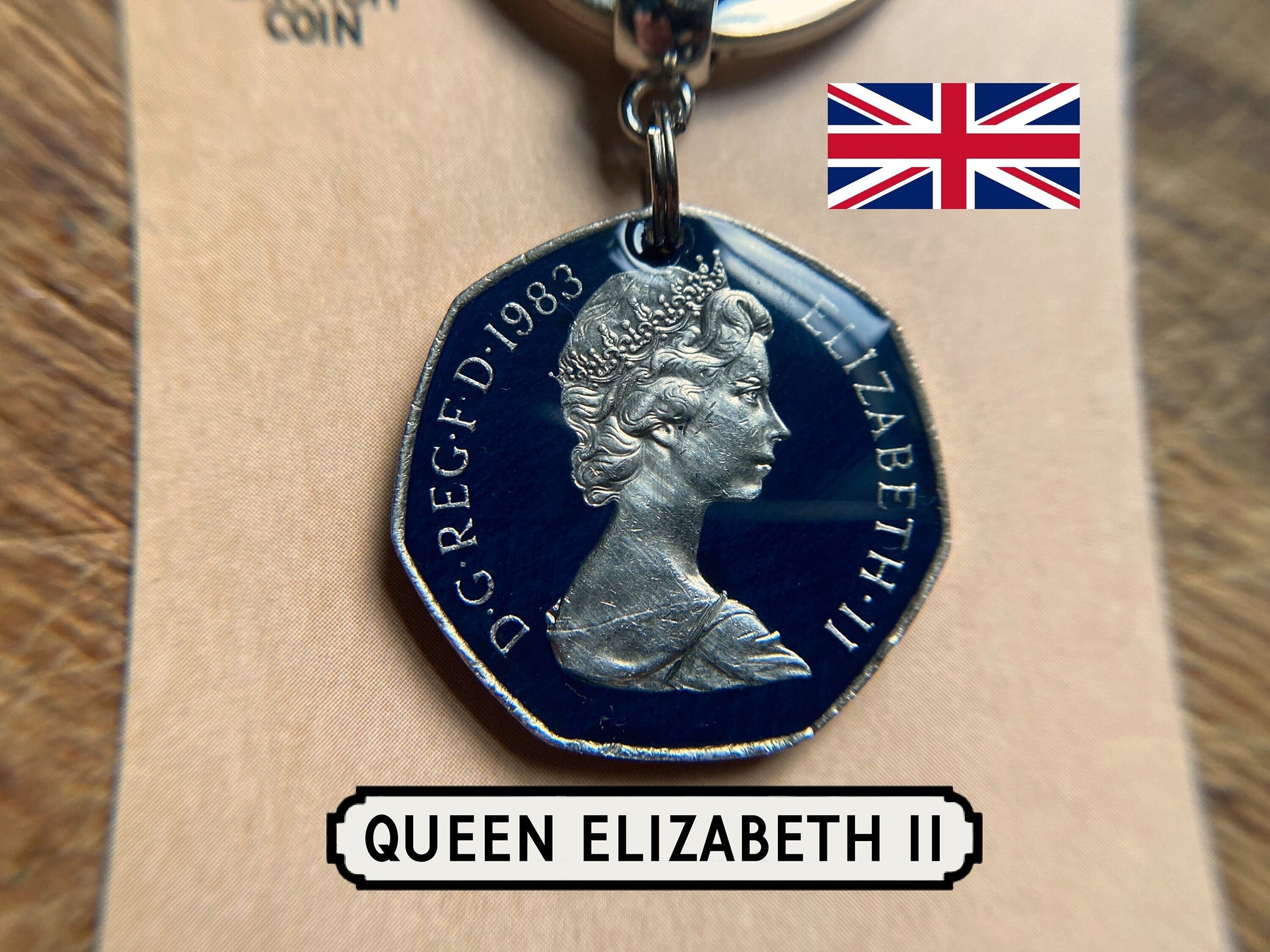 Queen Elizabeth II Coin Keyring / 1981 1982 1983 / Old 50P Keyring / Britain / Painted British Coin Keyring