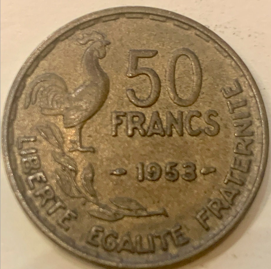 Exclusive 1953 France 50 Francs Coin - A Gleaming Jewel of Post-War Europe"