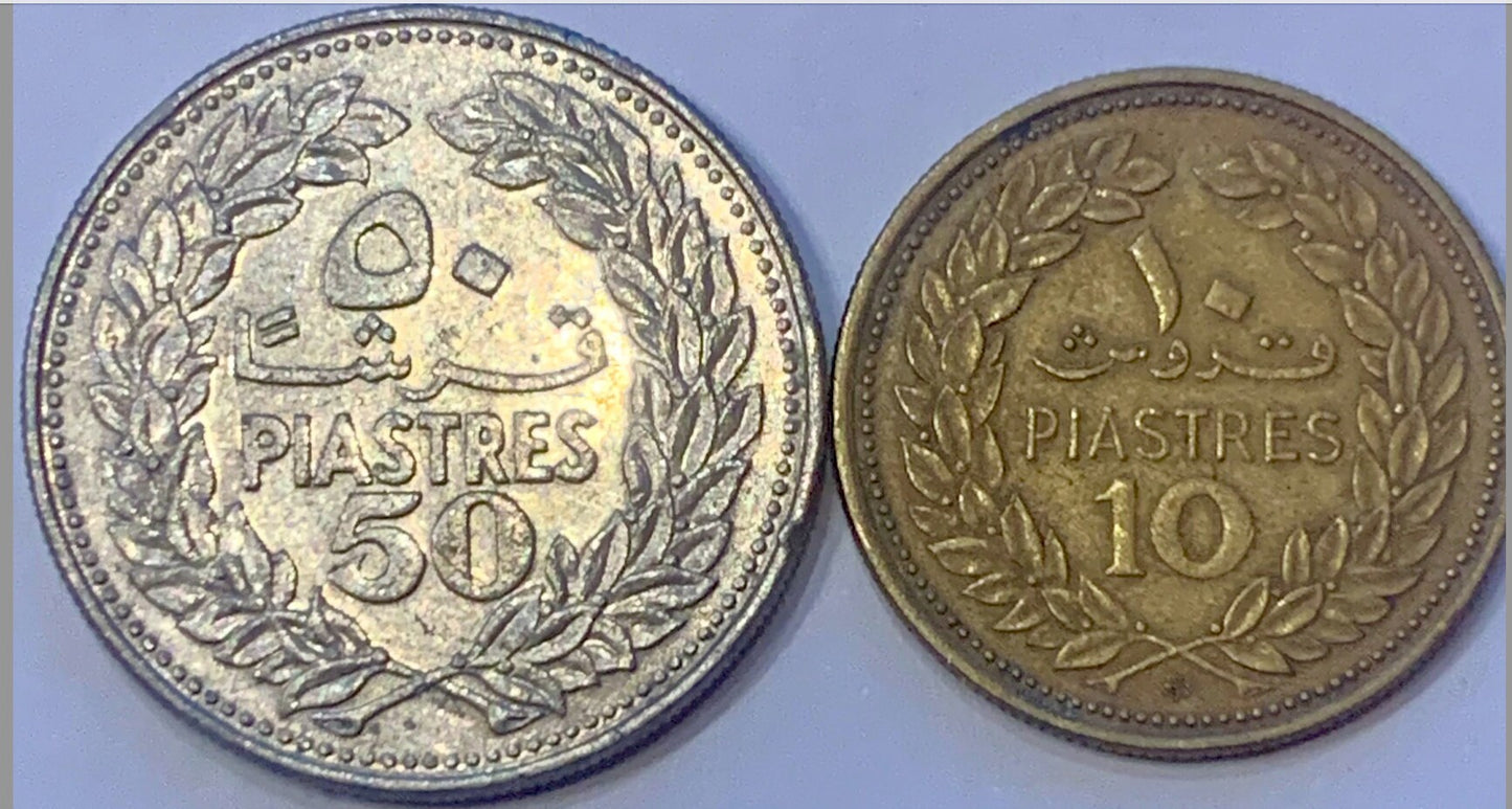 Rare Vintage Lebanese Treasure: 10 & 50 Piastres Coins from the Heart of the Mediterranean