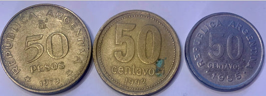 Exclusive Trio of Argentine Heritage: 50 Centavos Collection (1955, 1979, 1992) - A Journey Through Time"