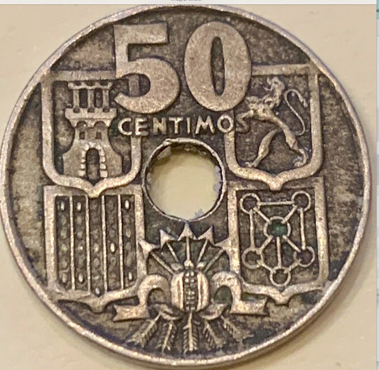 Exclusive 1949 Spain 50 Céntimos Coin - A Rare Find with Arrows Pointing Up & '56' Star Marking!"