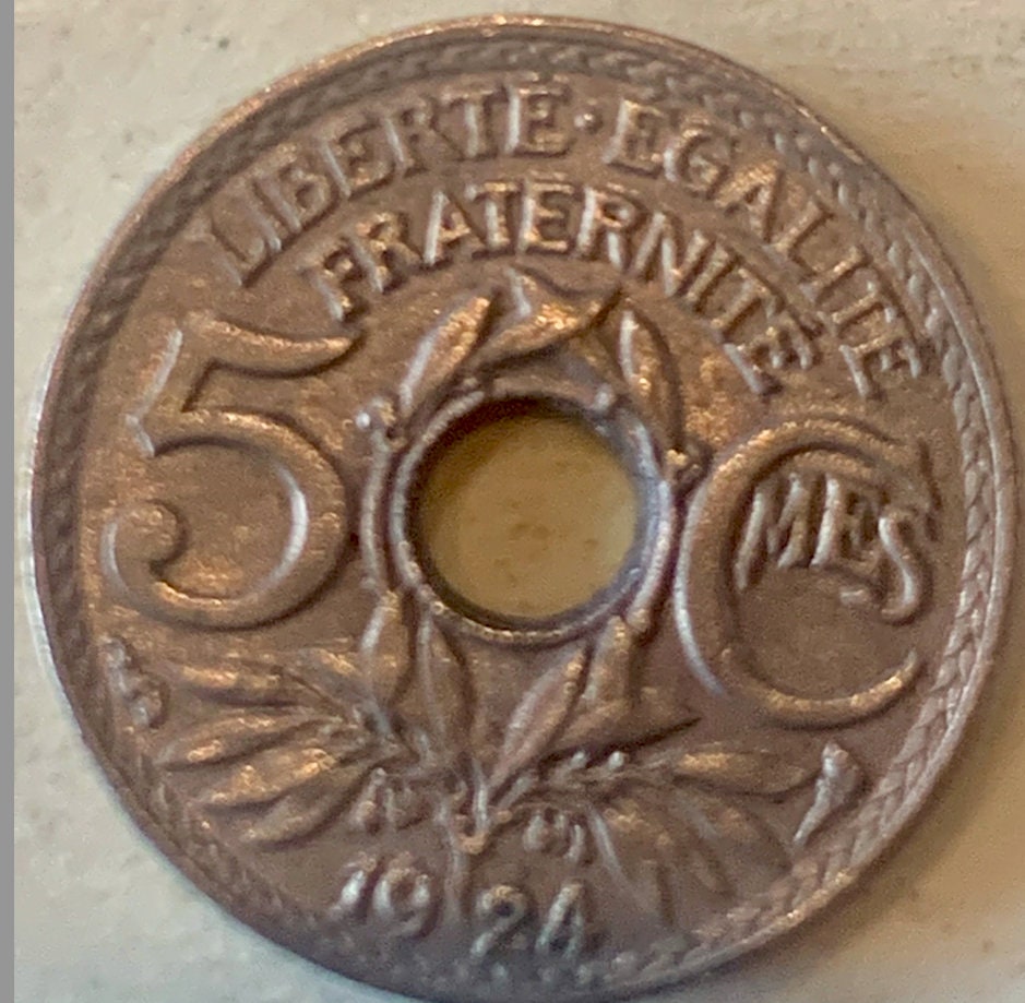 Exclusive 1924 France 5 Centimes Coin with Center Hole & Cornucopia Mintmark - A Parisian Treasure"