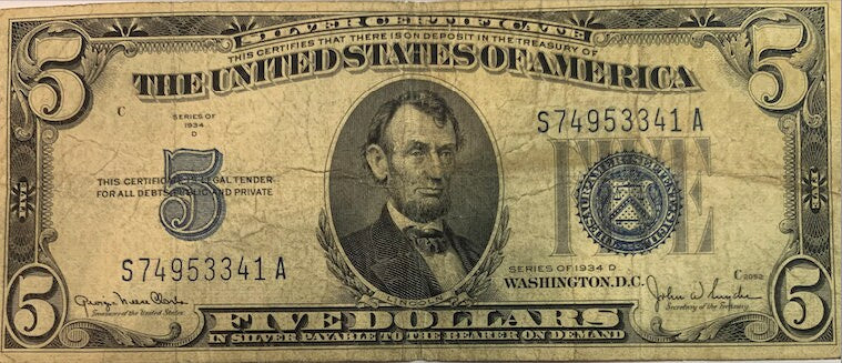 Vintage Elegance: 1934-D 5 Dollars Silver Certificate with Blue Seal"*