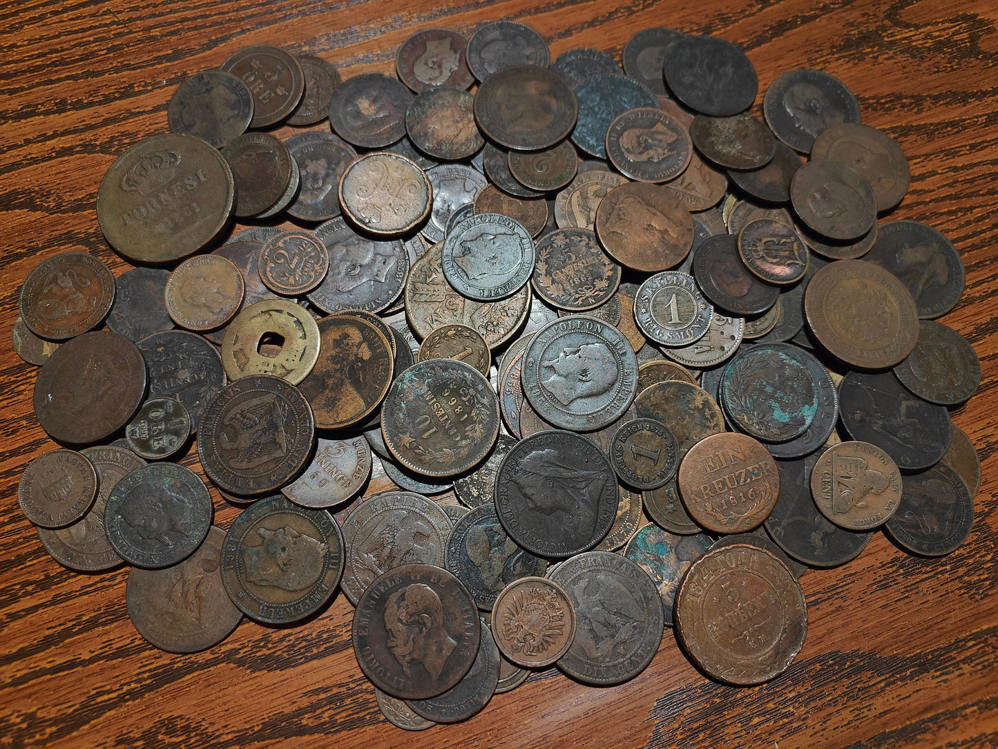 Old Bronze Coins Bulk Lot of Copper and Bronze World Money from a Big Pile, Various World Countries, 100 Year Old History Antique Numismatic