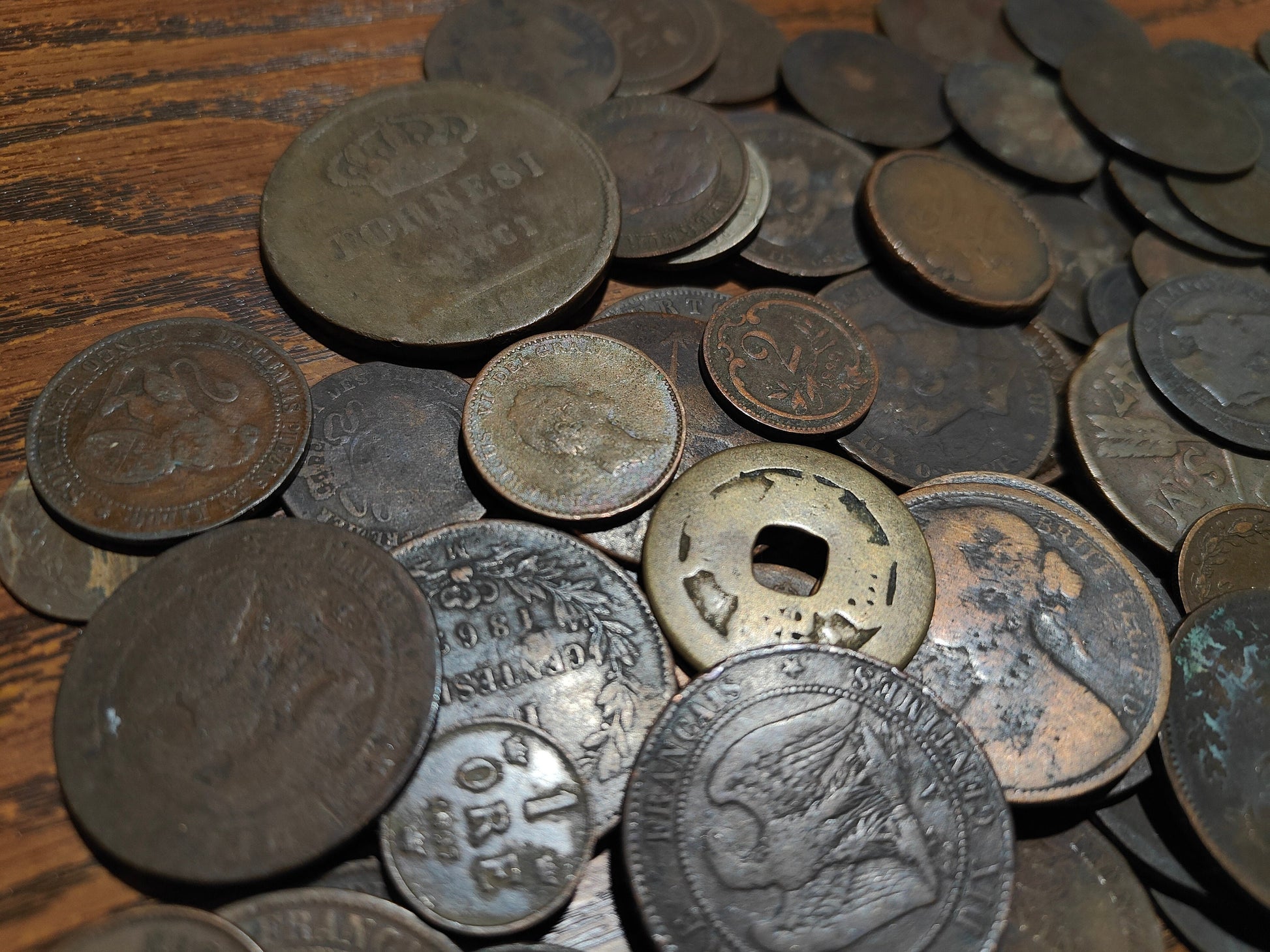 Old Bronze Coins Bulk Lot of Copper and Bronze World Money from a Big Pile, Various World Countries, 100 Year Old History Antique Numismatic