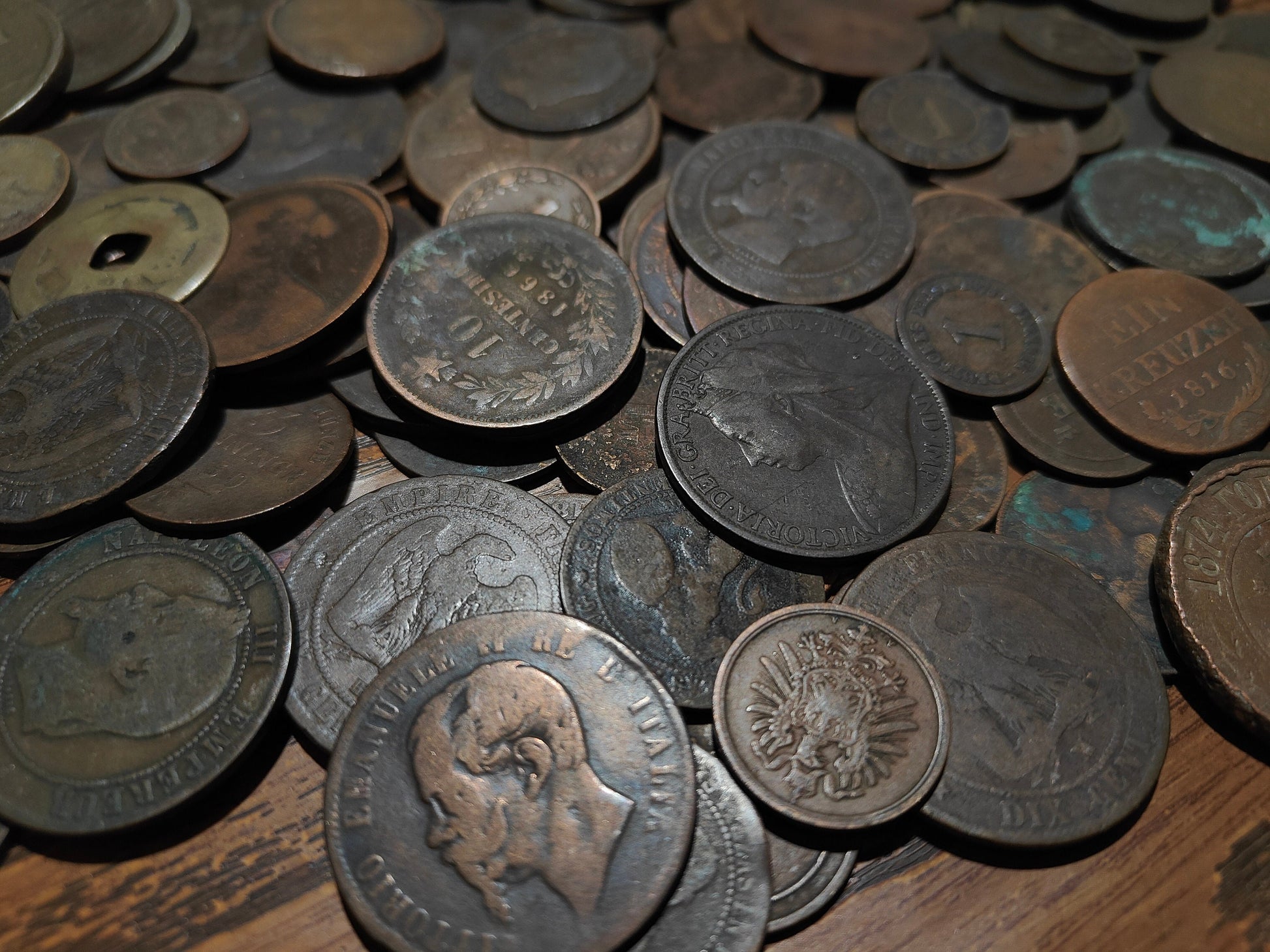 Old Bronze Coins Bulk Lot of Copper and Bronze World Money from a Big Pile, Various World Countries, 100 Year Old History Antique Numismatic