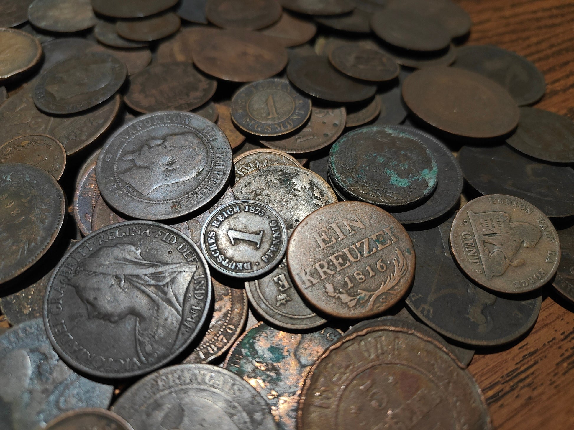 Old Bronze Coins Bulk Lot of Copper and Bronze World Money from a Big Pile, Various World Countries, 100 Year Old History Antique Numismatic