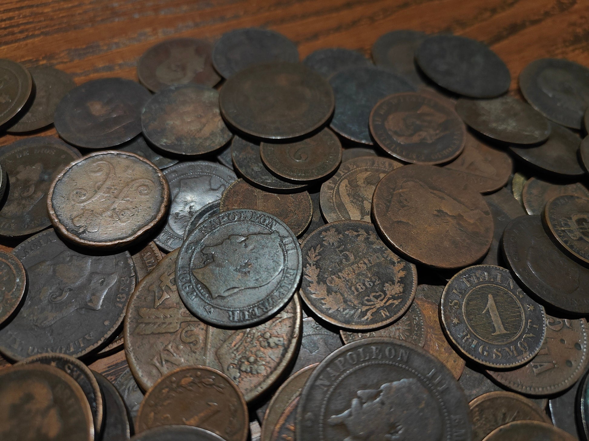 Old Bronze Coins Bulk Lot of Copper and Bronze World Money from a Big Pile, Various World Countries, 100 Year Old History Antique Numismatic