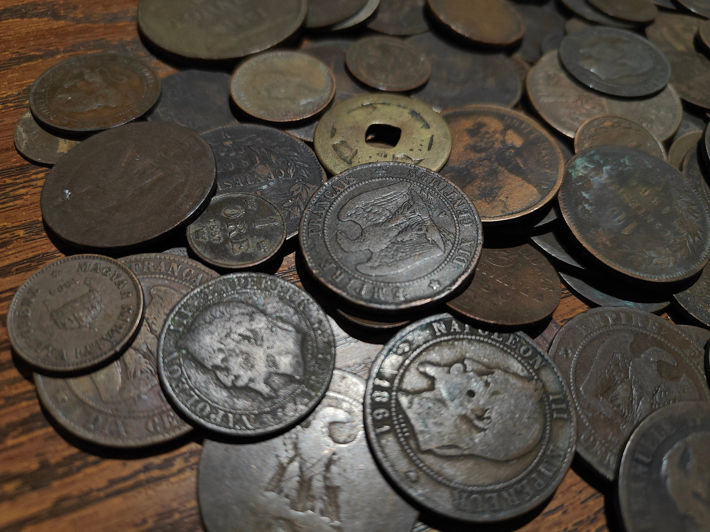 Old Bronze Coins Bulk Lot of Copper and Bronze World Money from a Big Pile, Various World Countries, 100 Year Old History Antique Numismatic