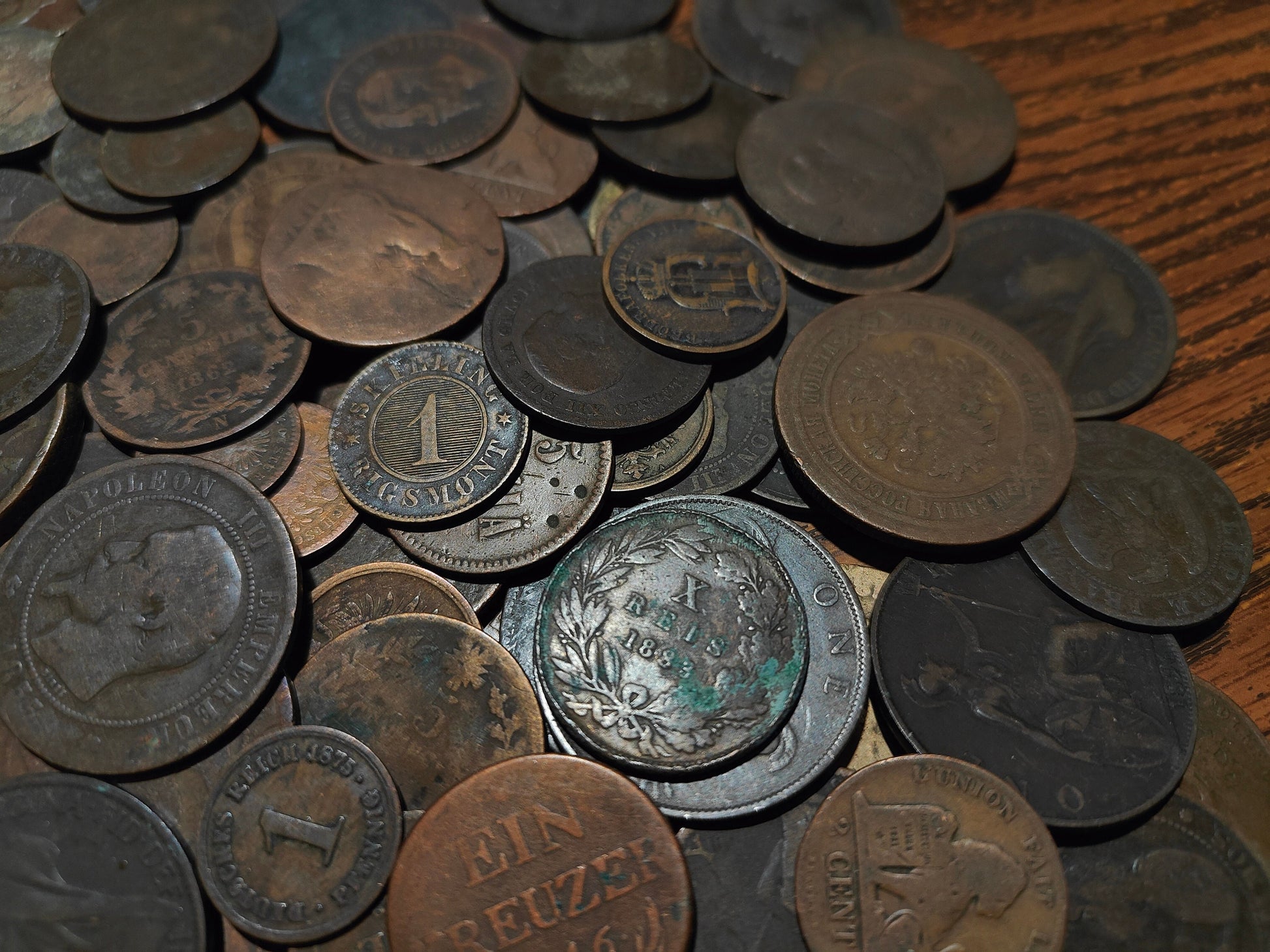 Old Bronze Coins Bulk Lot of Copper and Bronze World Money from a Big Pile, Various World Countries, 100 Year Old History Antique Numismatic