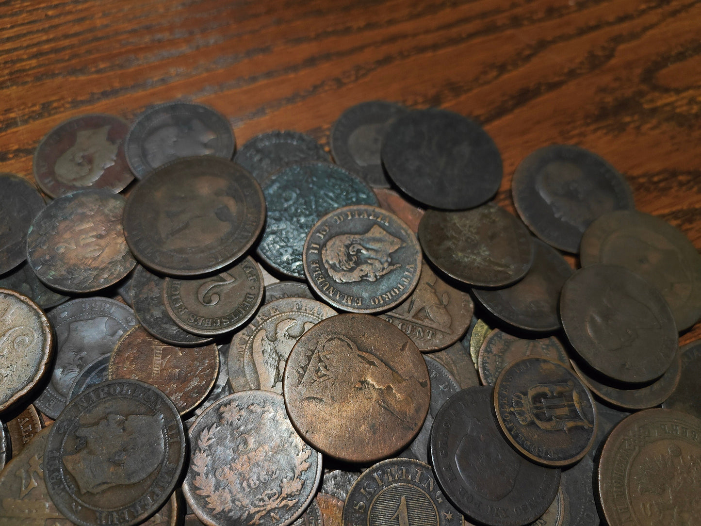 Old Bronze Coins Bulk Lot of Copper and Bronze World Money from a Big Pile, Various World Countries, 100 Year Old History Antique Numismatic