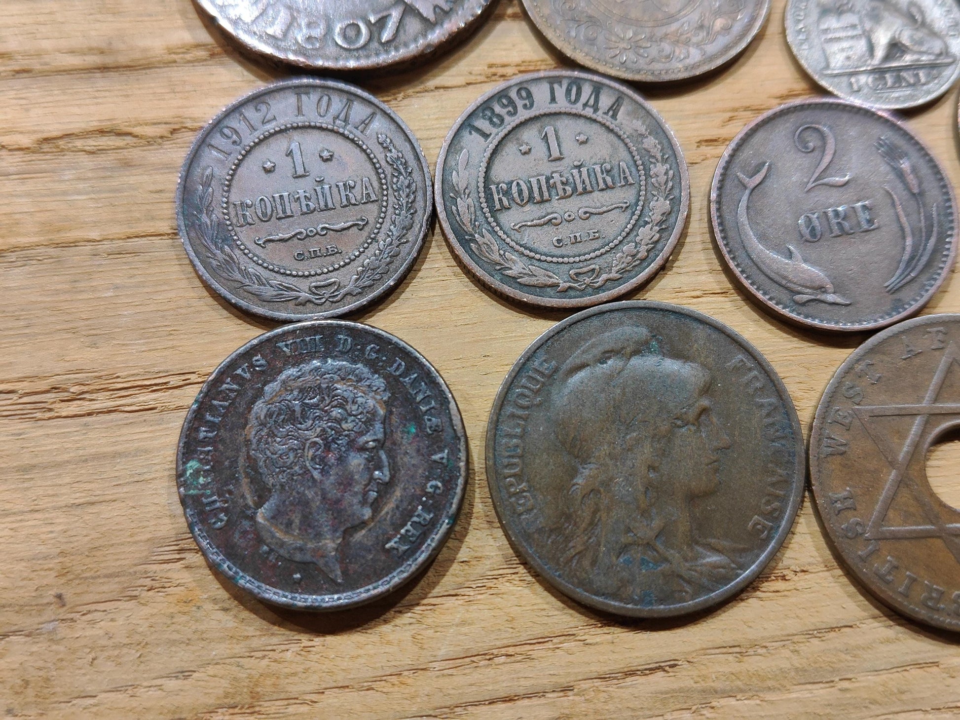 Old Bronze and Copper Coins Lot of 13 Better Quality and Rarer Numismatic Coins from Russia, France, Germany, Japan, Denmark