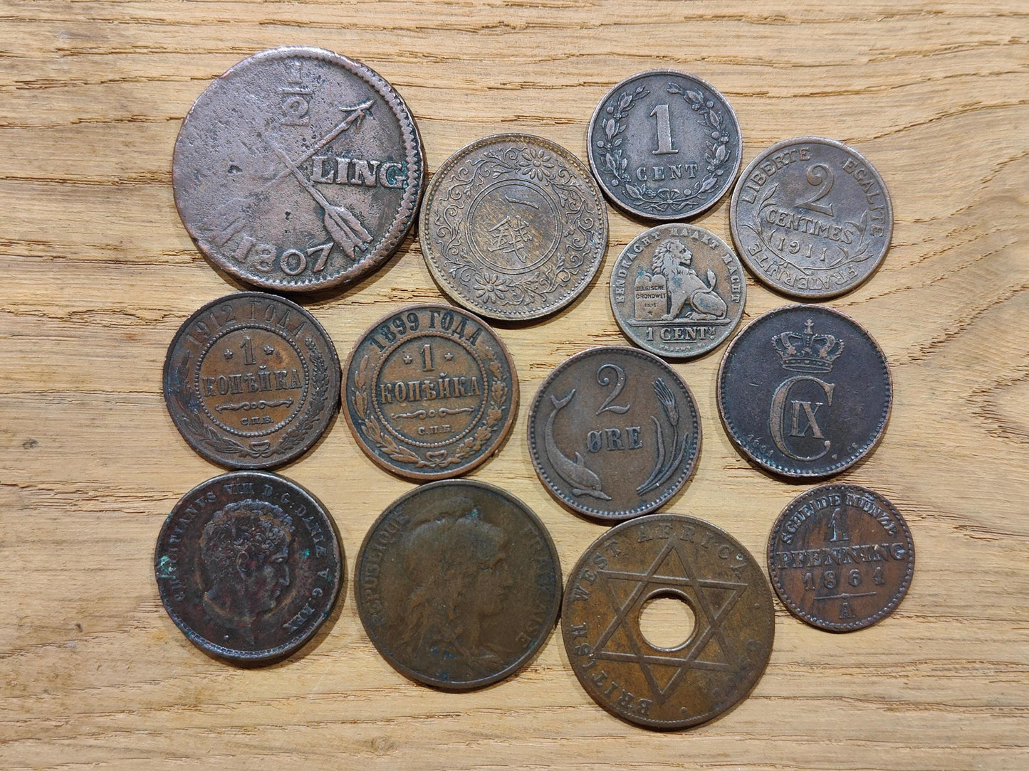 Old Bronze and Copper Coins Lot of 13 Better Quality and Rarer Numismatic Coins from Russia, France, Germany, Japan, Denmark