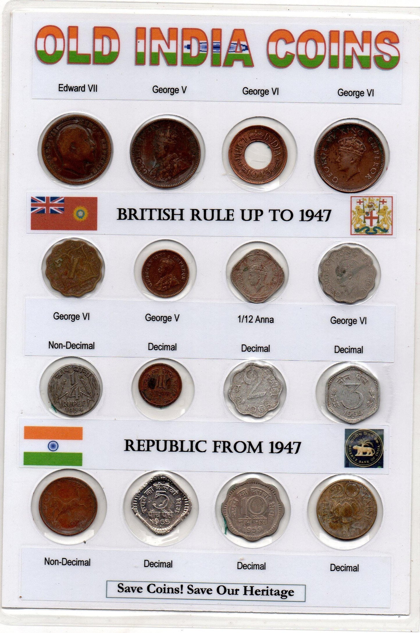 1901-70 British India 16 PCS Different Old Antique Original KG V V1 Gandhi Rare Coins Set Lot