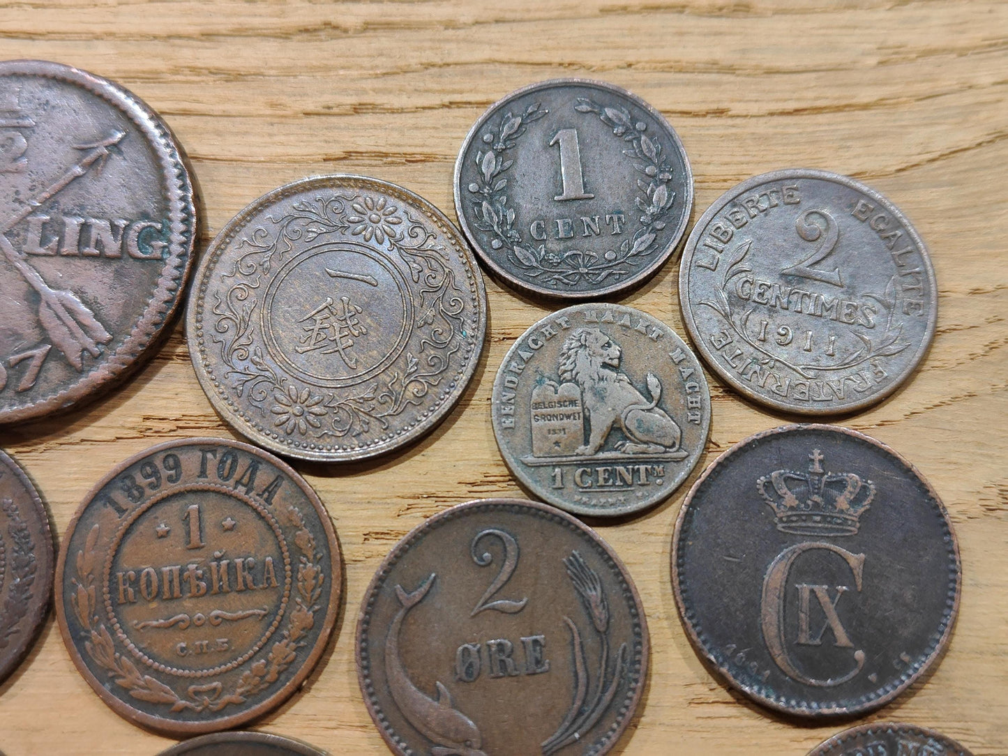 Old Bronze and Copper Coins Lot of 13 Better Quality and Rarer Numismatic Coins from Russia, France, Germany, Japan, Denmark