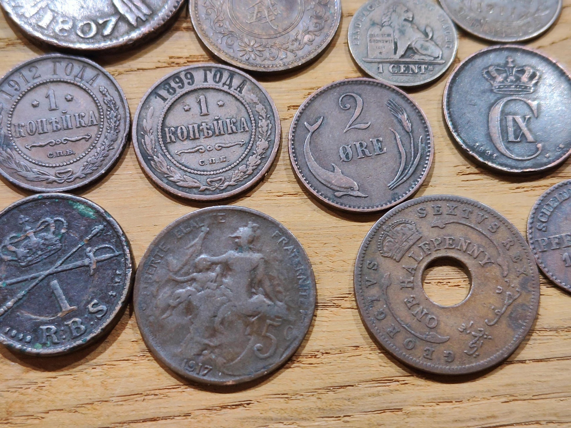 Old Bronze and Copper Coins Lot of 13 Better Quality and Rarer Numismatic Coins from Russia, France, Germany, Japan, Denmark