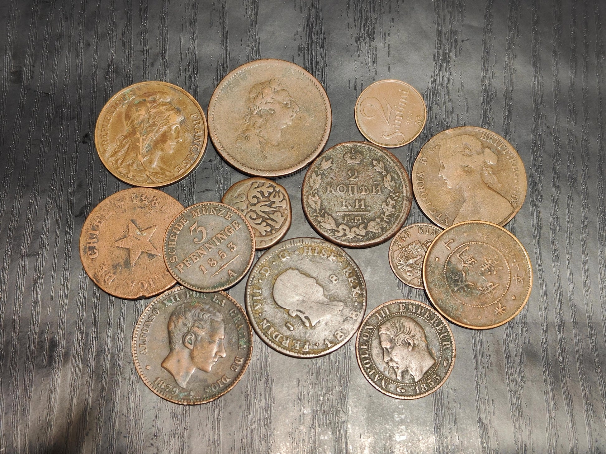 Old Antique Bronze Coins Numismatic Collection World Old Money Lot of 13 Pcs. from around 1800S~ Rare French Spanish German Chinese Coins